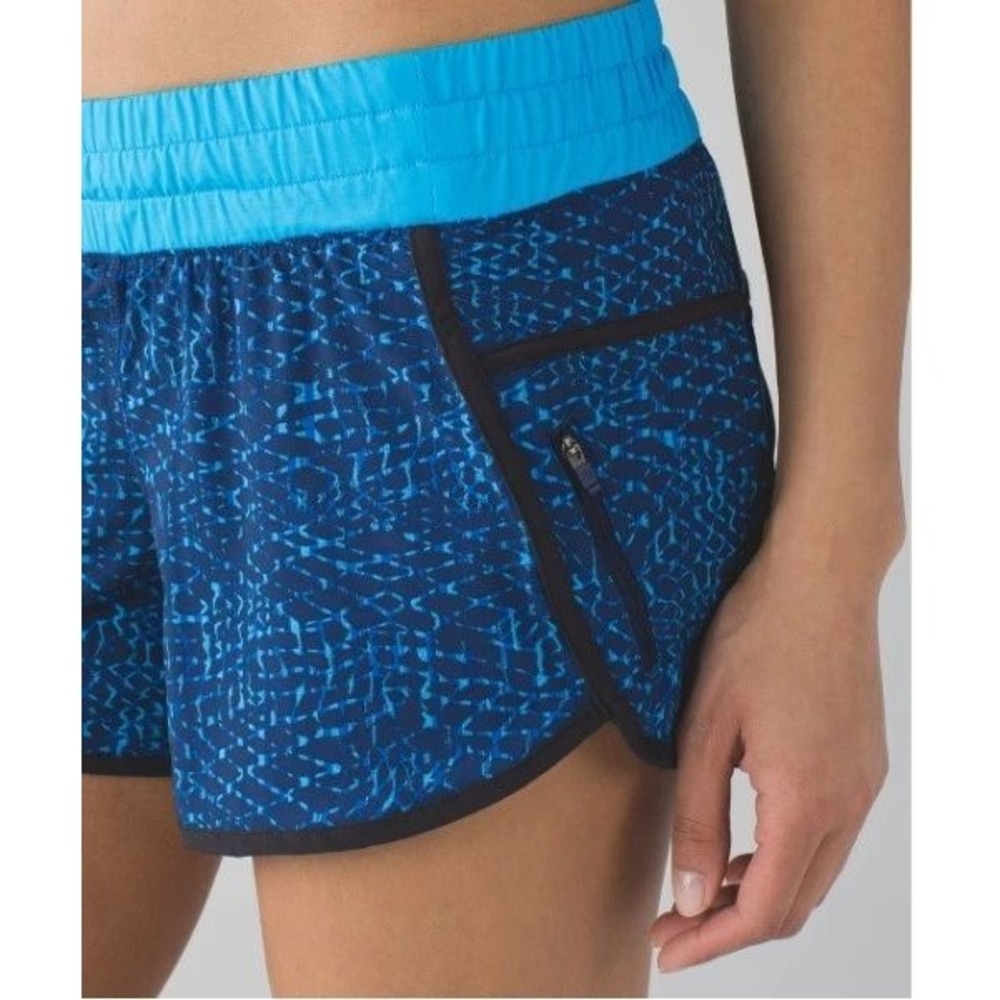 Lululemon Run Speed Shorts Blue Geometric Pattern Turquoise‎ Waistband Size 10